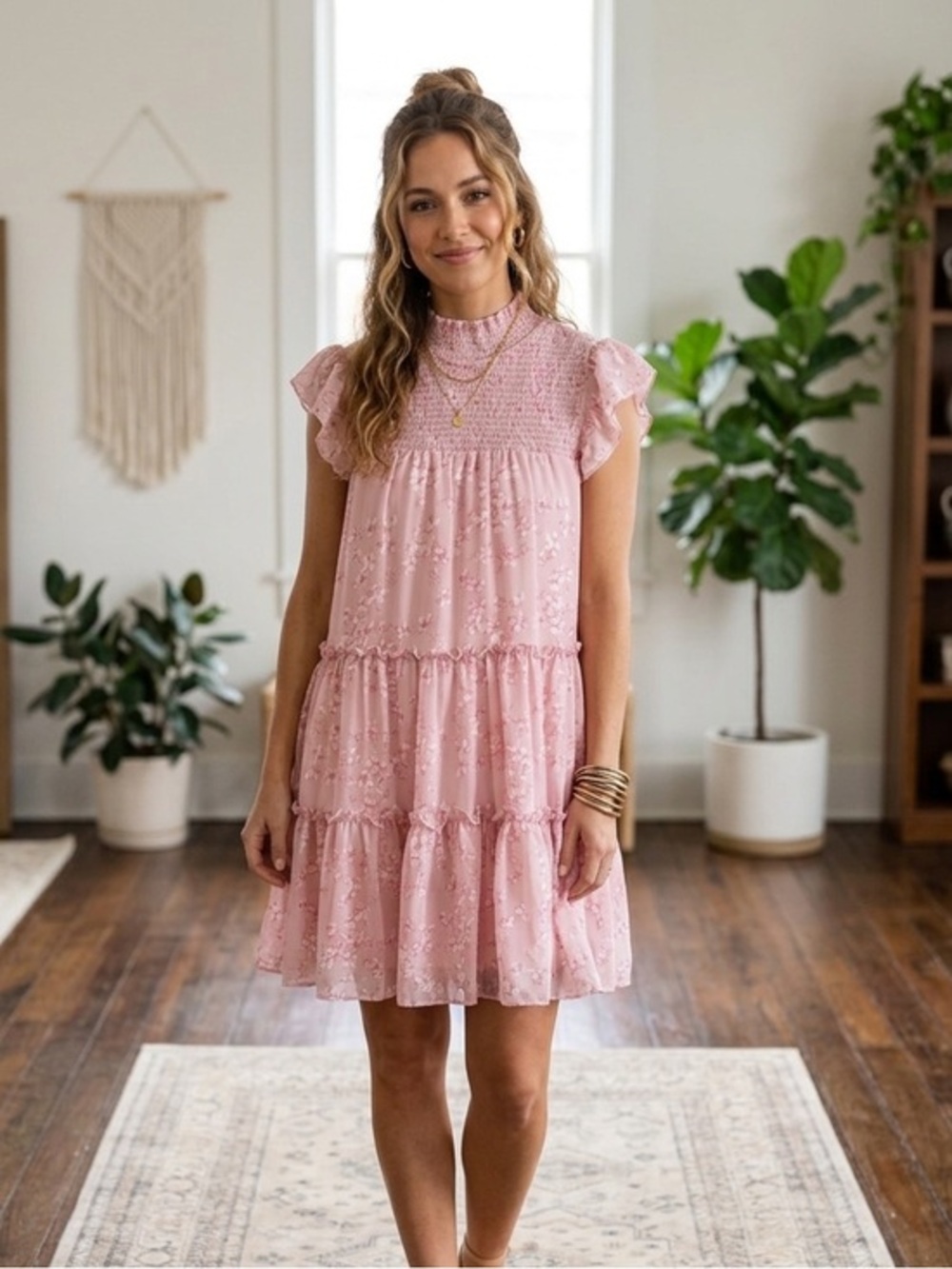 Melonie‎ T Pink Floral Smocked Tiered Ruffle Dress Size 14 Coquette Cottagecore